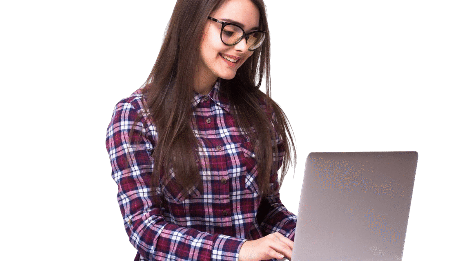 young-woman-working-laptop-floor-white-background