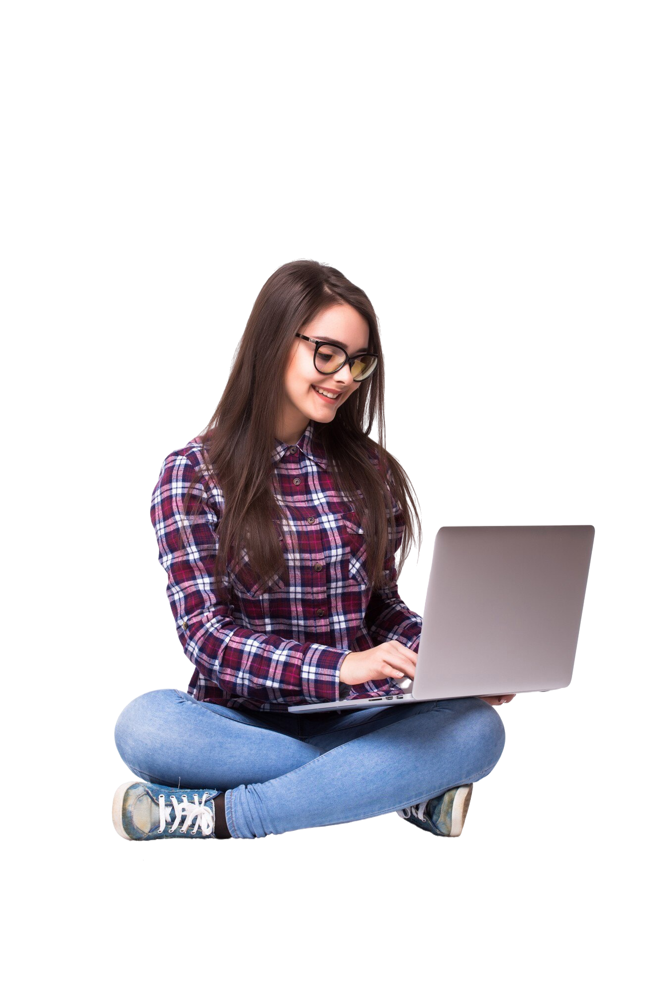 young-woman-working-laptop-floor-white-background